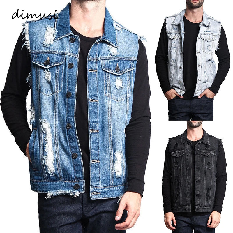 Retro Sleeveless Jackets Casual Ripped Jean