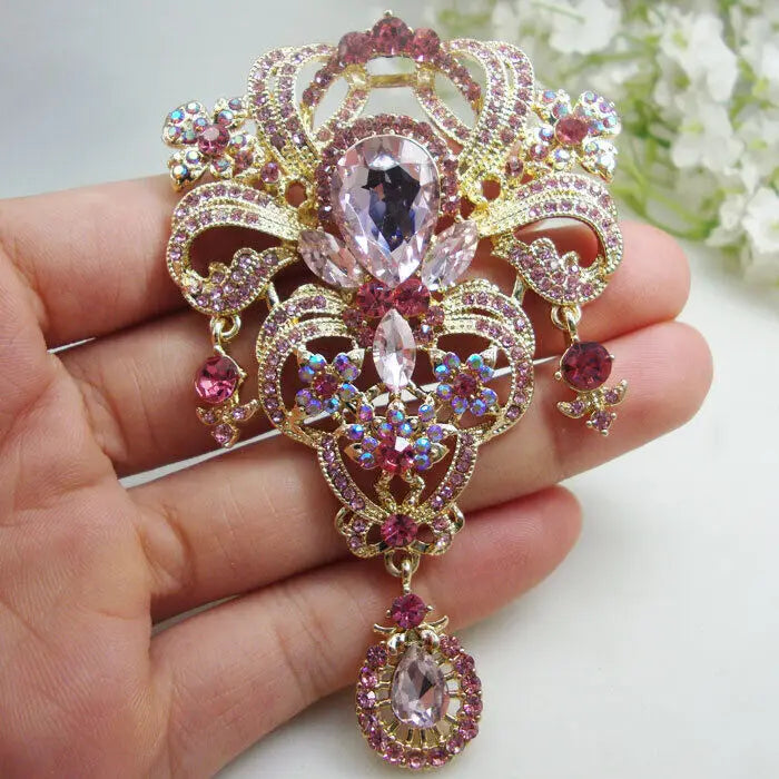 Pink Flower Drop Woman's Pendant Brooch Pin Rhinestone Crystal Gift