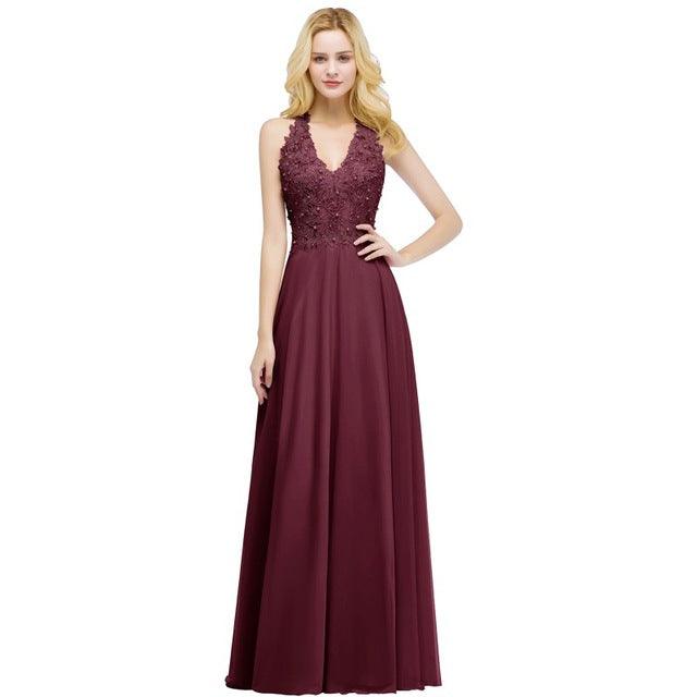 V Neck Sleeveless Applique Wedding Party Dress