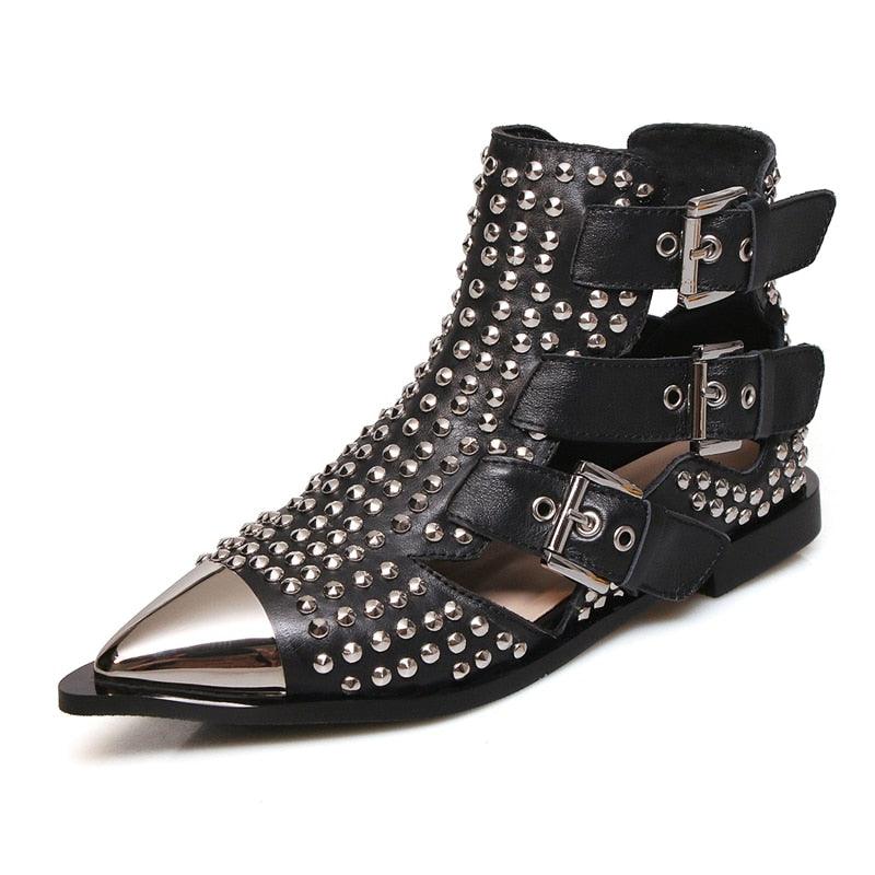 Metal Studded Rivets Pointy Toe Buckle Straps Ankle Boots