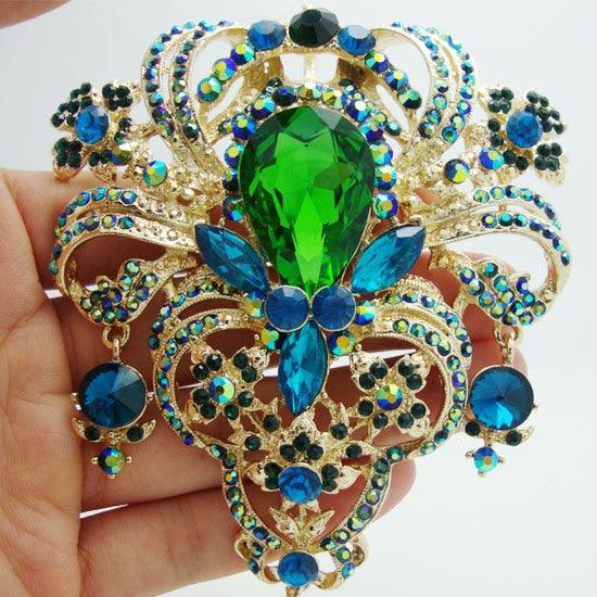 Flower Drop Gold-Tone Brooch Pin Pendant Green Rhinestone Crystal