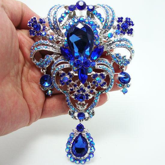 Flower Brooch Pin Pendant Blue Rhinestone Crystal Crown