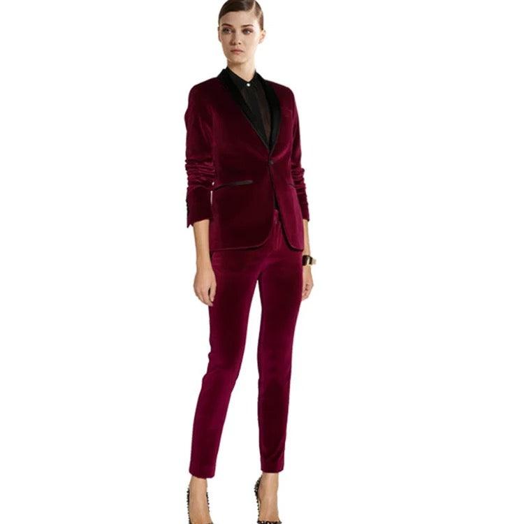 Wine Red Velvet Women Tuxedos Formal Pant Suits