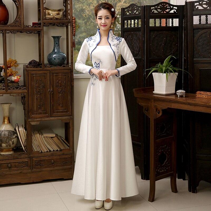 Embroidery Flower Satin Cheongsam Long Sleeve Evening Qipao Dress