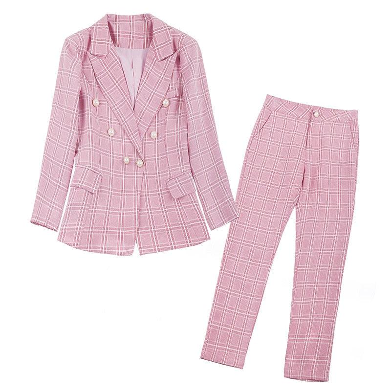 Double-breasted Plaid Two-piece Set Pant Suit