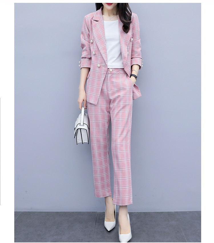 Double-breasted Plaid Two-piece Set Pant Suit