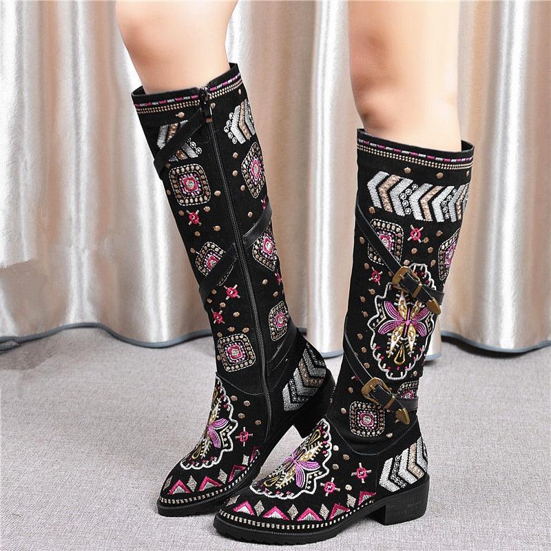 Winter genuine western bohemia embroidery knee high boot