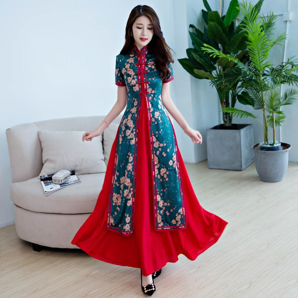 Plus Size 5XL Ao Dai Modern Clothing Black and Red Vietnamese