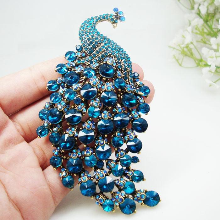 Crystal Peacock Bird Blue Woman Brooch Pin Pendant Gold-tone Party jewelry Gifts