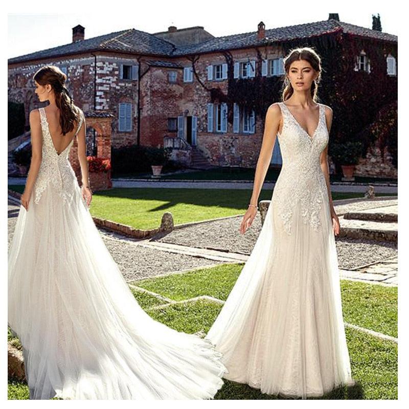 Double Shoulder V Neck Ivory Wedding Dress