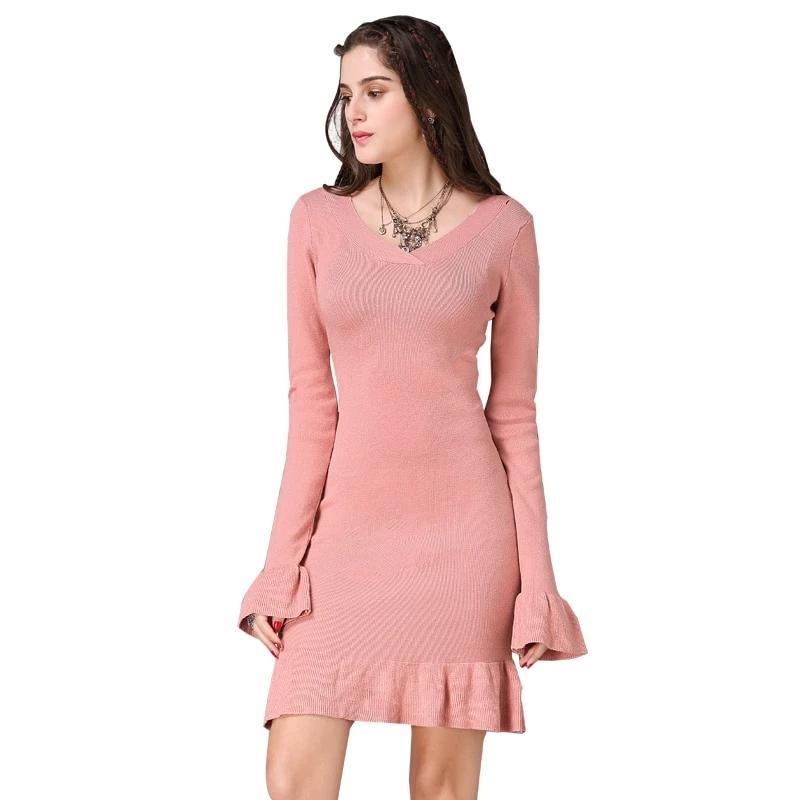 Sleeve V-Neck Ruffles Hem Knitting Dress