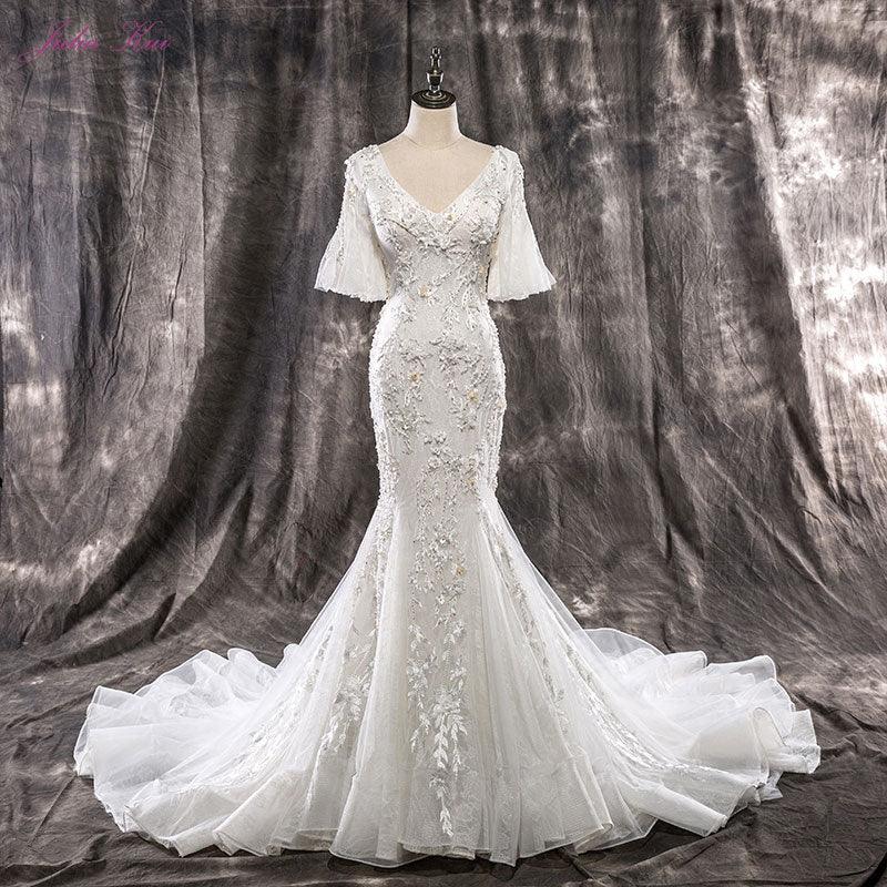 Elegant Mermaid Beaded Crystals Embroidery V-neck  Gown with Wedding Dress