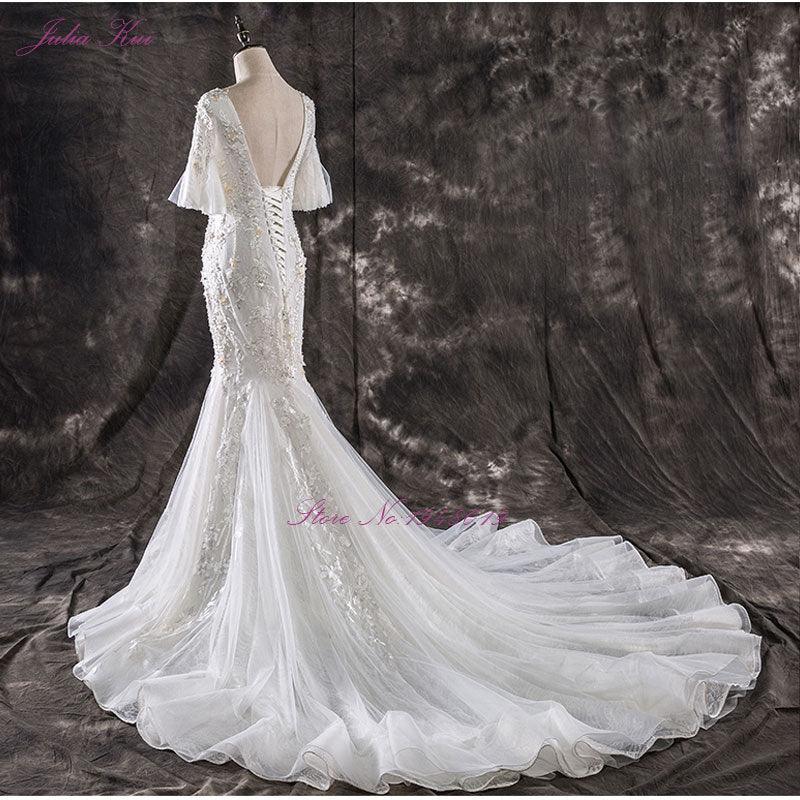 Elegant Mermaid Beaded Crystals Embroidery V-neck  Gown with Wedding Dress