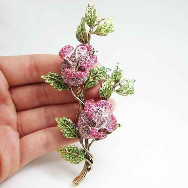 Elegant Pink Flower Rose Woman Brooch Pin Rhinestone Crystal Gold-Tone