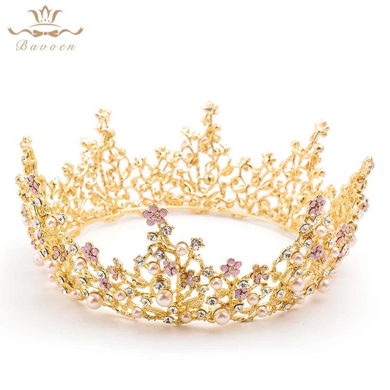 European Gold Pearls Crystal Baroque Plated Pink Rhinestone Tiara