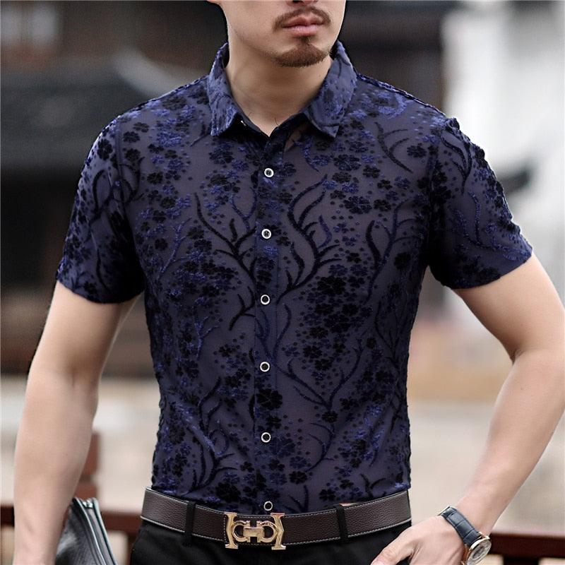 Floral Velvet Transparent Short Sleeve Velvet Shirt