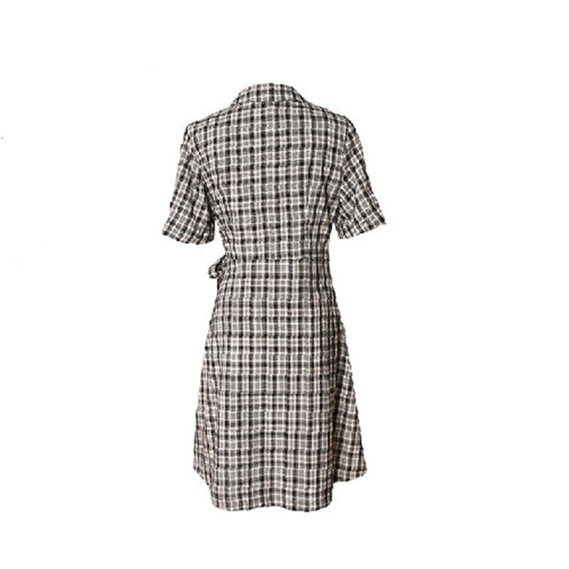 Satin Plaid V Collar Casual Vintage Plain Chiffon Dress