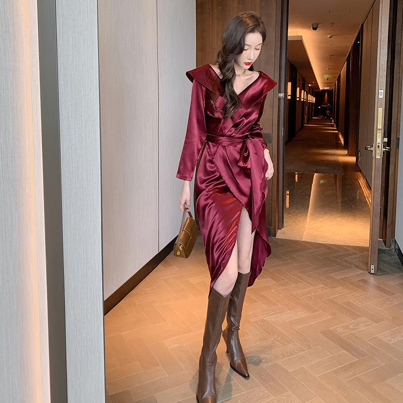 Wine Red V Neck Long Sleeve Vintage Ruffle Midi Dress