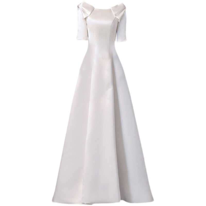 White Satin Off Shoulder Lace Evening Gown