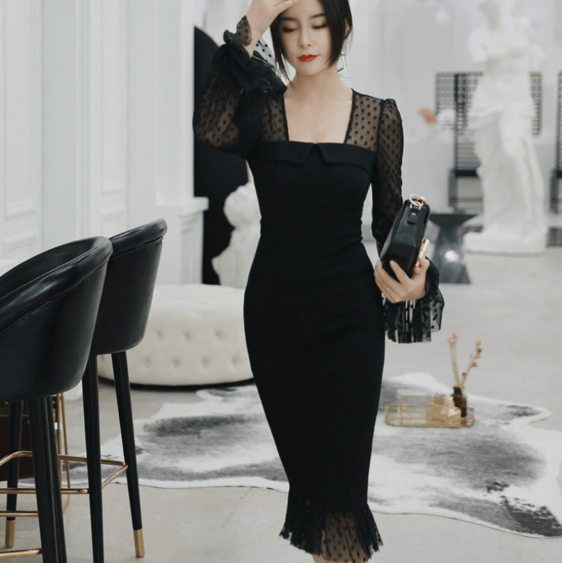 Square Neck Black Mesh Long Sleeve Midi Dress