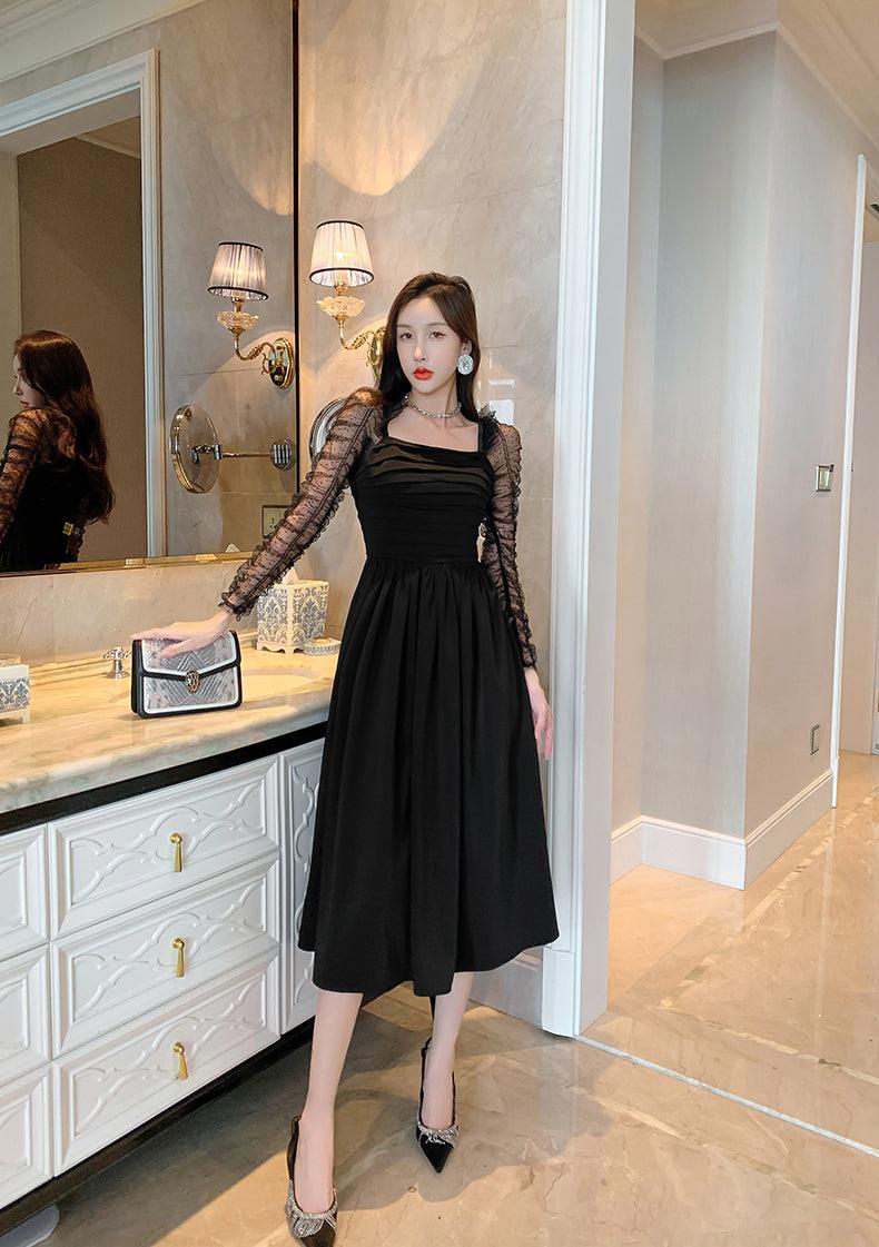 Vintage Mesh High Waist Swing Elegant Casual Midi Dress