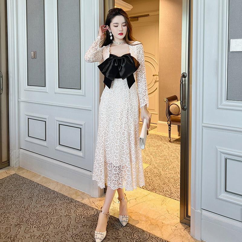 Vintage Square Collar Big Bow Lace Midi Dress