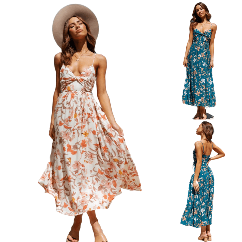 Vintage Floral Print Chiffon  Maxi Dress