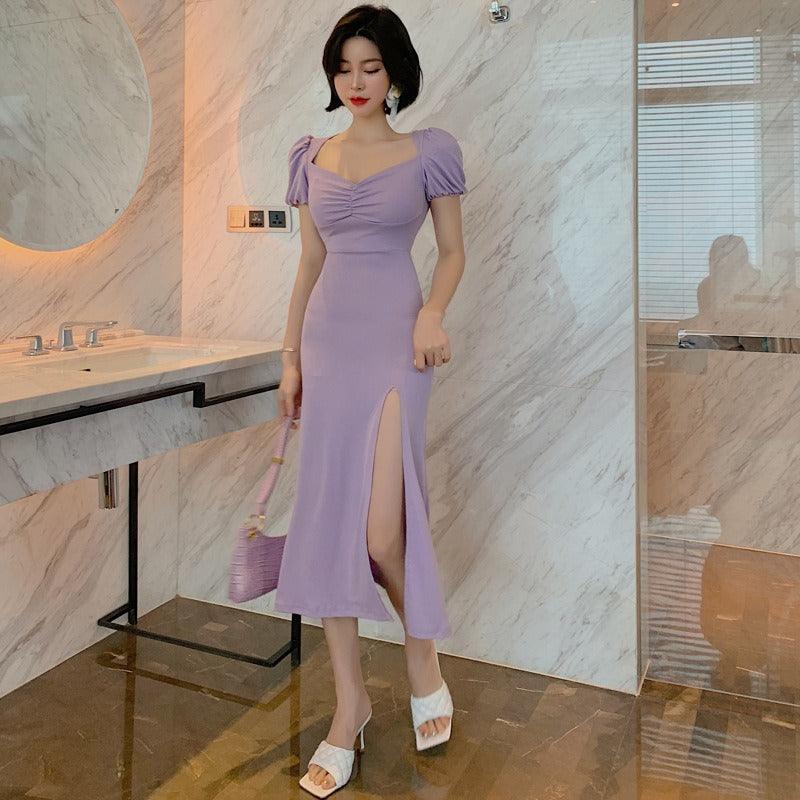 Sheath Purple V Neck Retro Short Sleeve Midi Dress