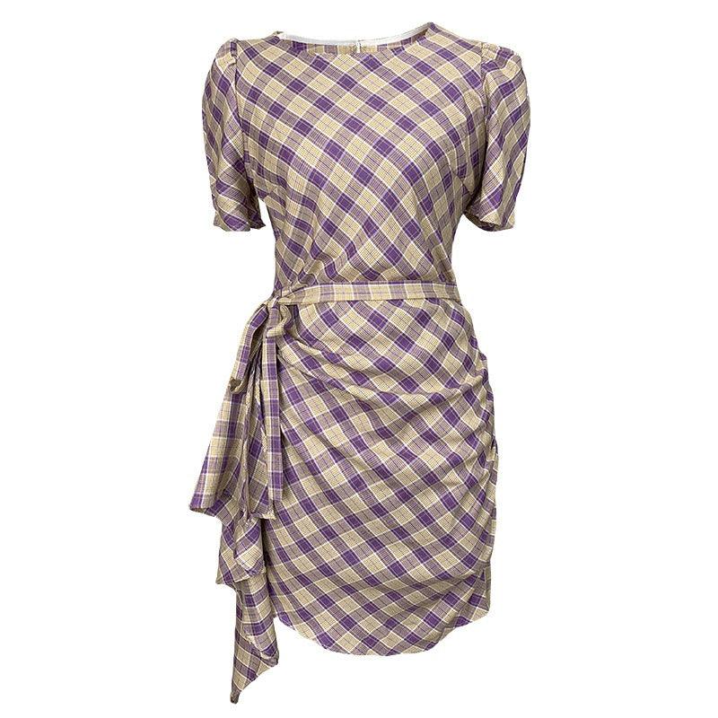 Vintage Purple Plaid Ruffle Sleeve Mini Dress