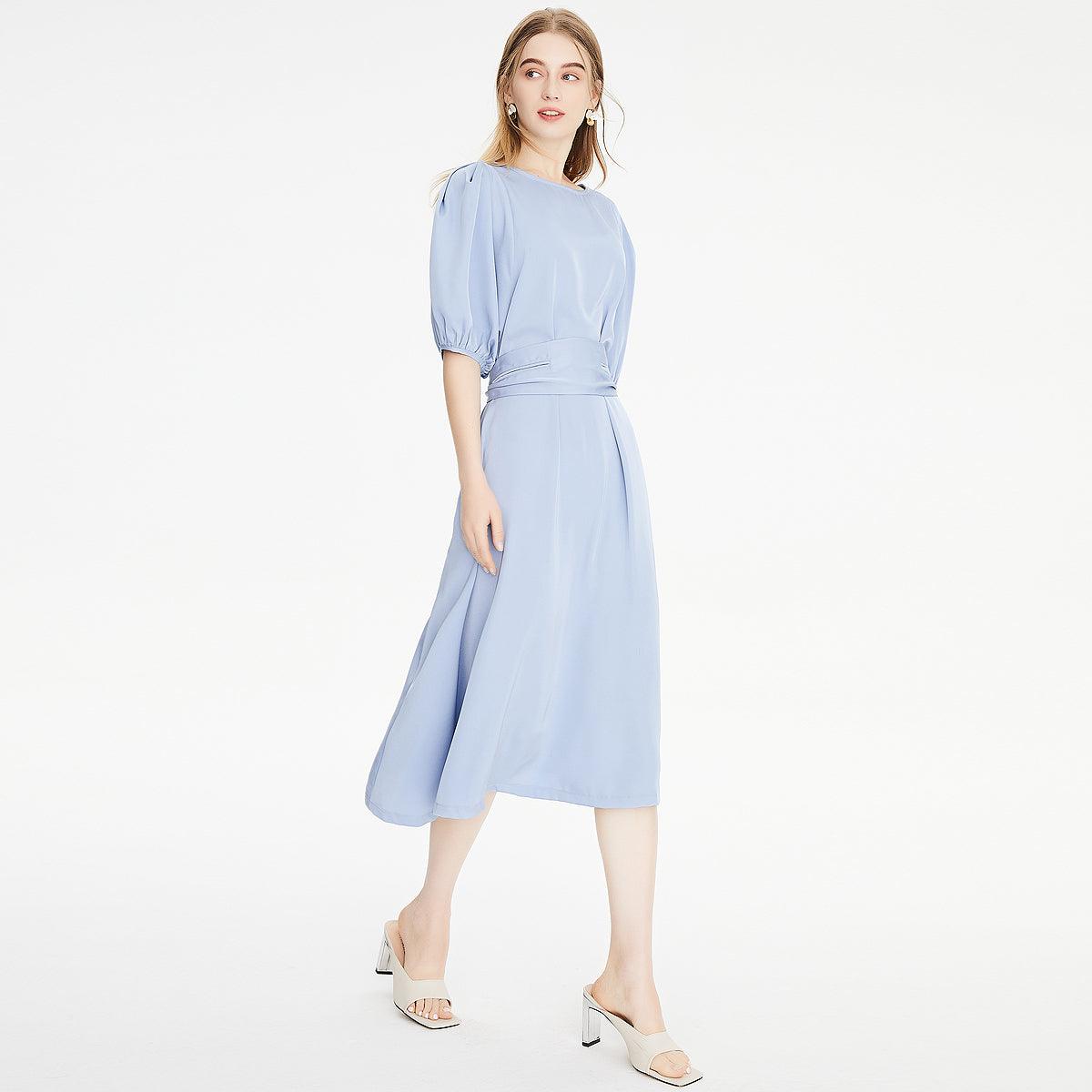 Casual short sleeve loose belt midi dress