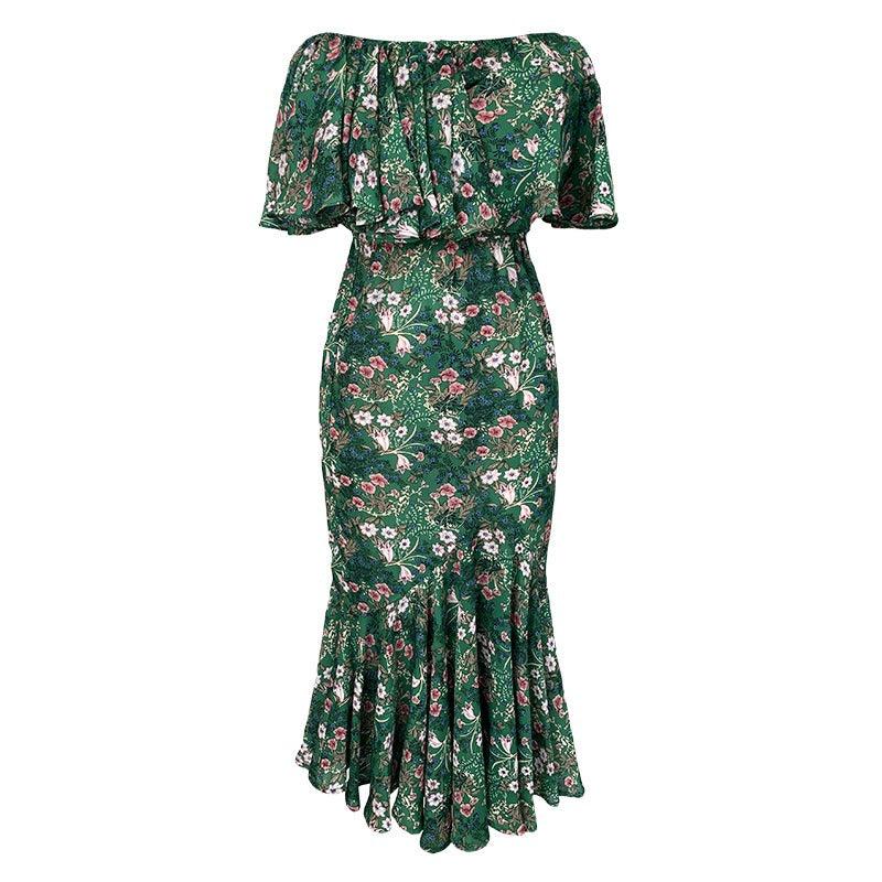 Green Ruffle Chiffon Floral Maxi Dress