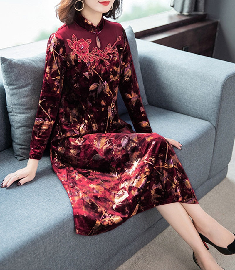 Red Cheongsam Keyhole Velvet Dress Floral Jacquard Vintage Midi Elegant Dress