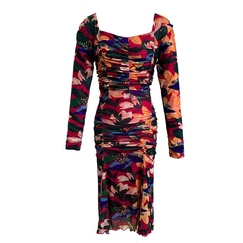 Elegant Printed Square Neck Pleated Pencil Midi Dress