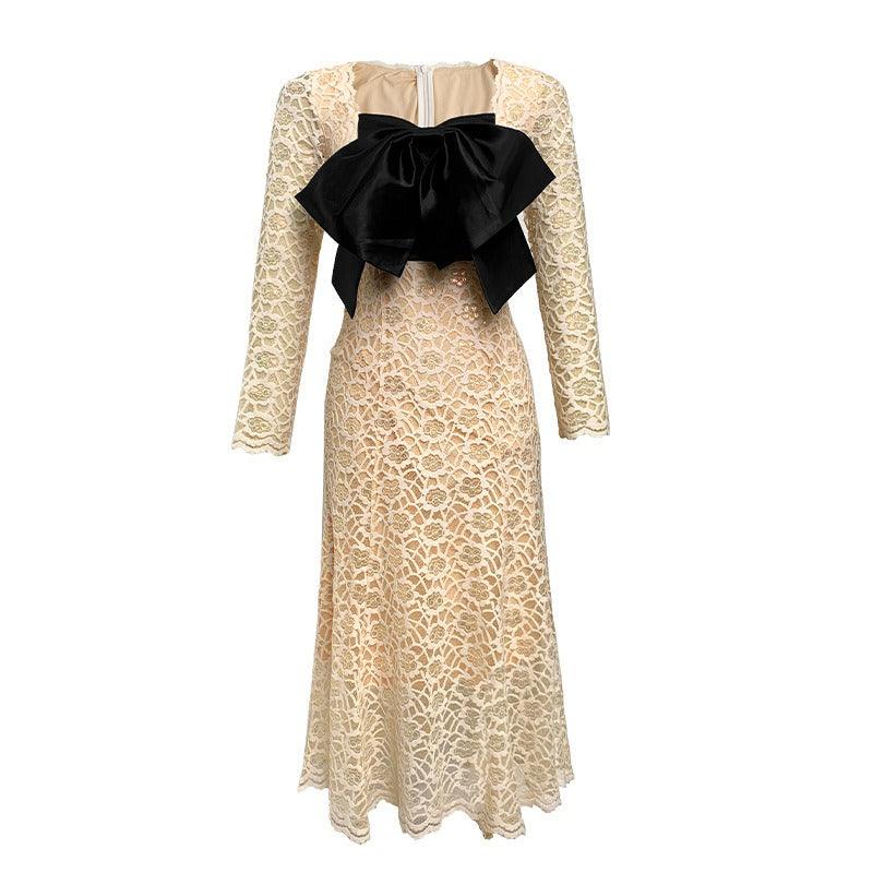 Vintage Square Collar Big Bow Lace Midi Dress