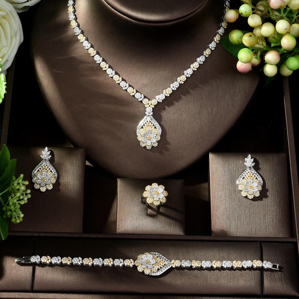 Gold Plated Luxury Cubic Zirconia Necklace Earring Bracelet Party Jewelry Set