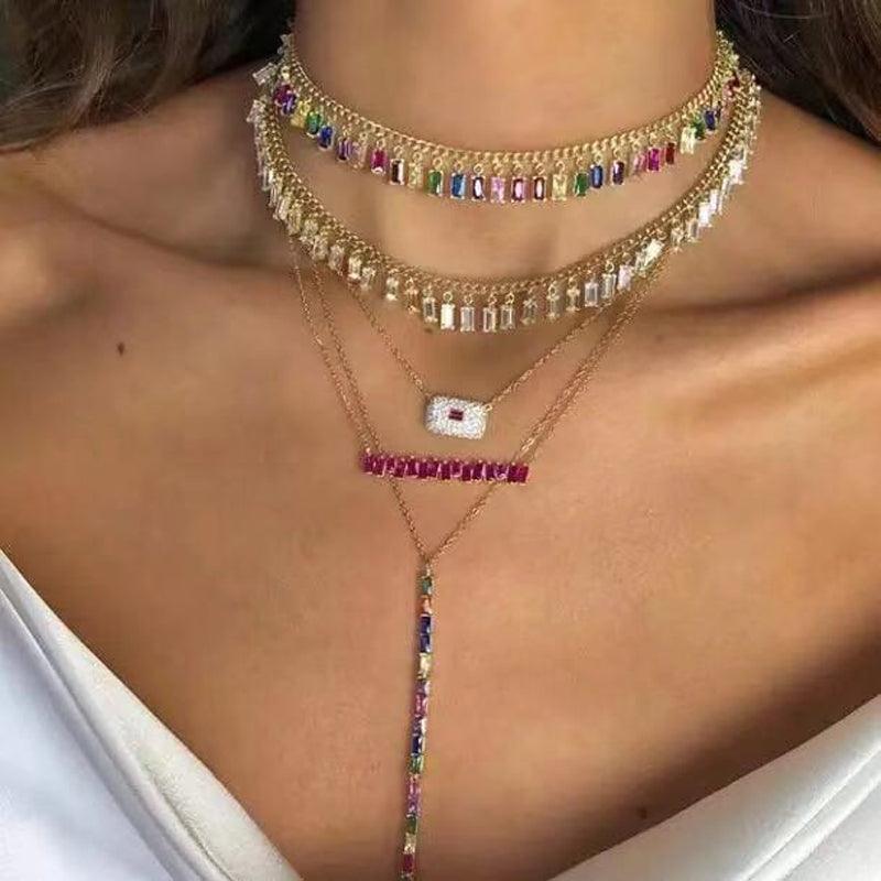 Cubic Zirconia Baguette Pulling Trendy Geometric Necklace