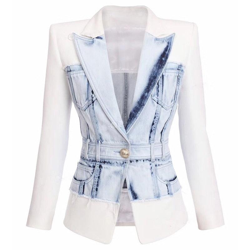 Denim Single Button Denim Patchwork Jacket Blazer