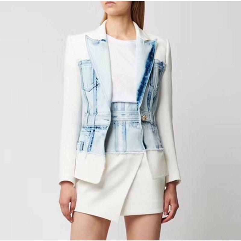 Denim Single Button Denim Patchwork Jacket Blazer