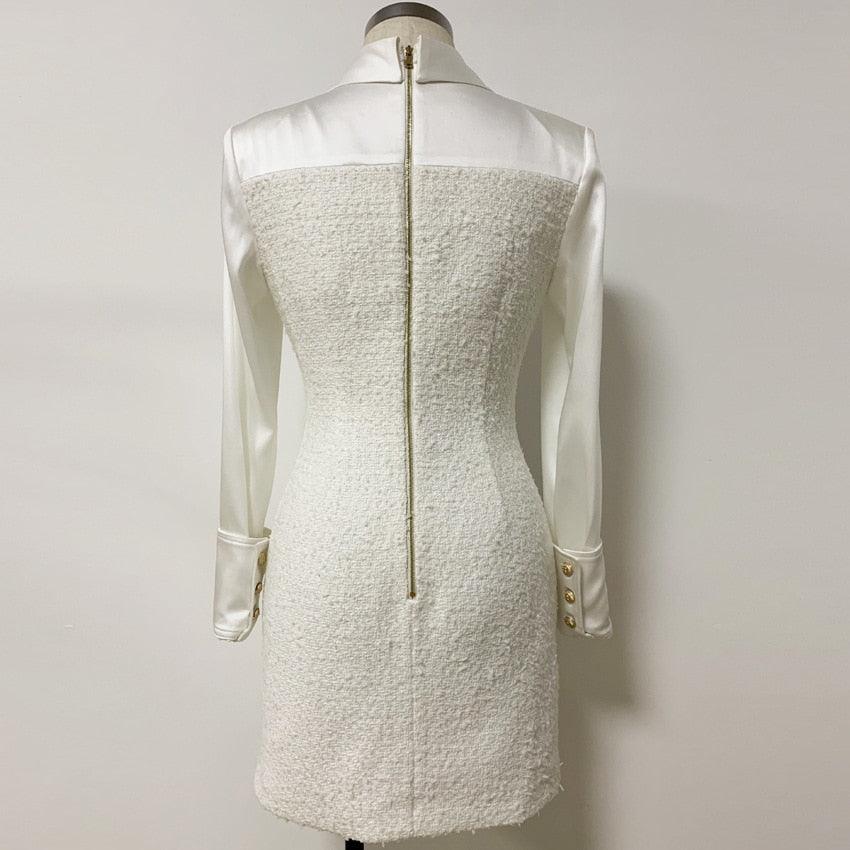 White Long Sleeve Satin Tweed Dress