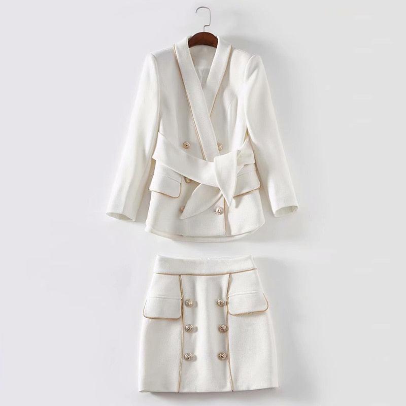 White Double Breasted Gold Fringed Blazer Suit Skirt