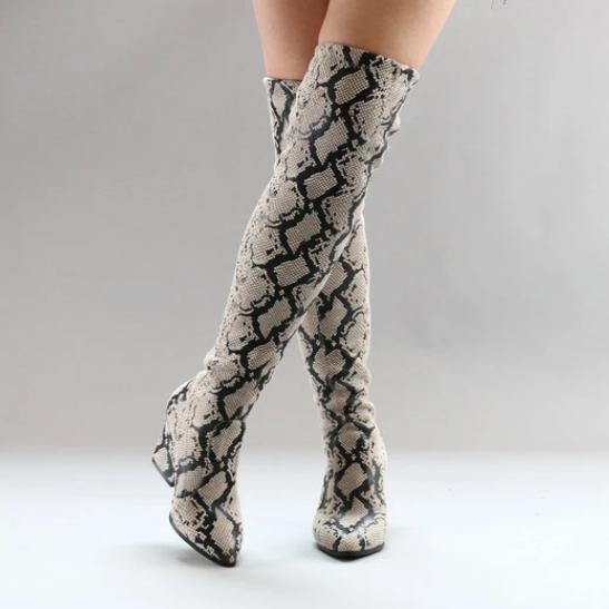 Serpentine  Faux Leather Slip On Long Square Heel Over The Knee Boots