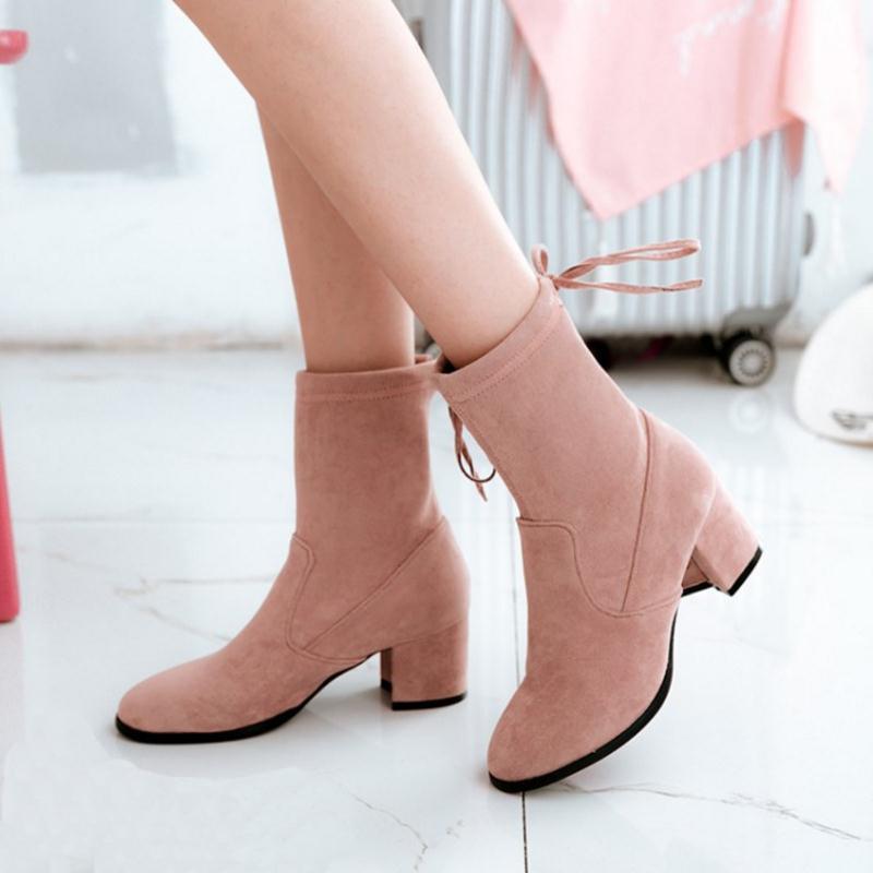 High Heel Round Toe Mid Calf Mature Simple Ankle Boots