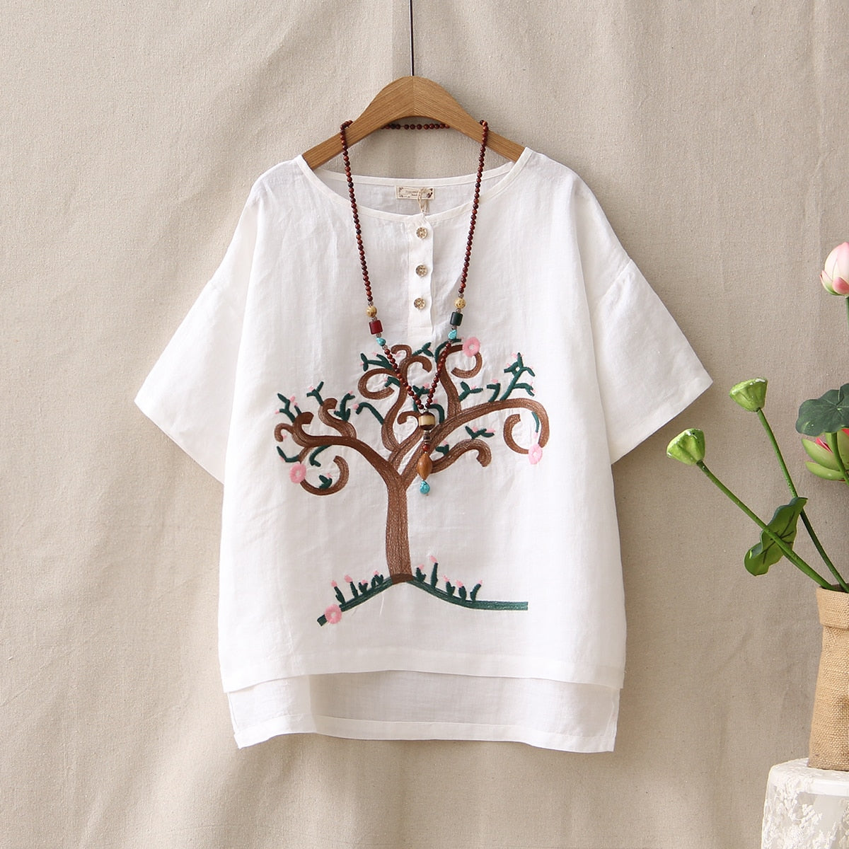 Retro Linen Embroidery Tree Pattern Loose Casual Summer Blouse