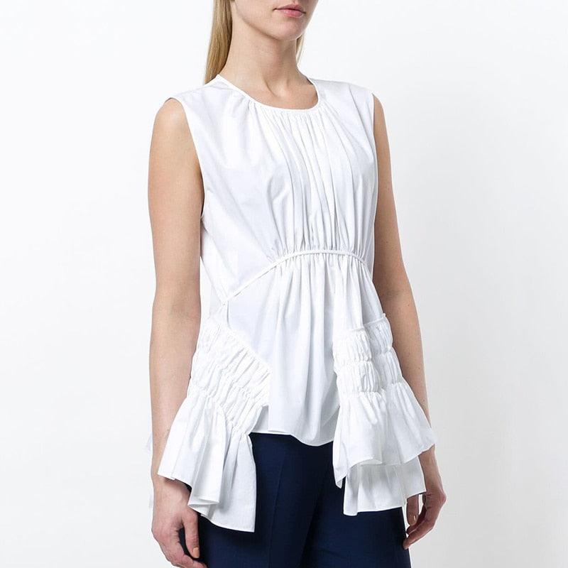 Sleeveless  Round Neck Irregular Ruched Blouse