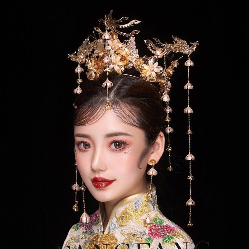 HIMSTORY Luxury Wedding Bride Vintage Chinese Peacock Hair Accessories Bridal Headdress Gold Phoenix Tiara Crown Hair Jewelry