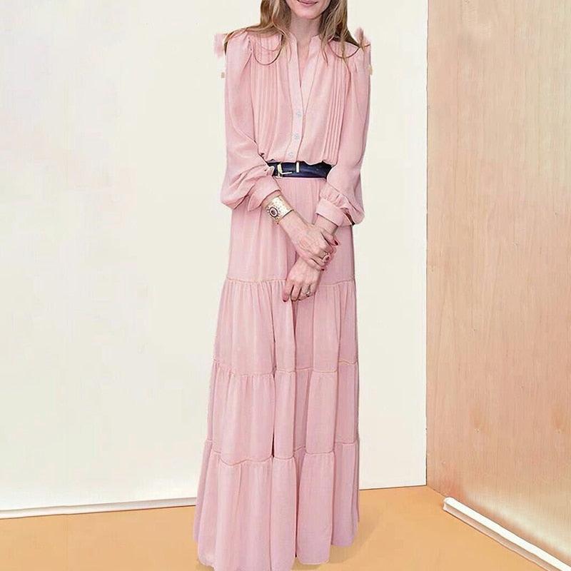 Elegant V Neck High Waist Long Sleeve Floor Length Maxi Dress