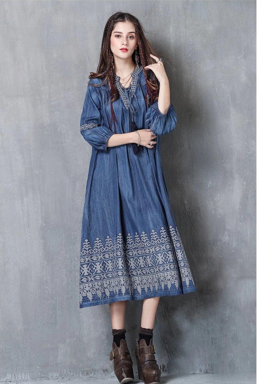 Three Quarter Lantern Sleeve Flower Embroidery Denim Dress