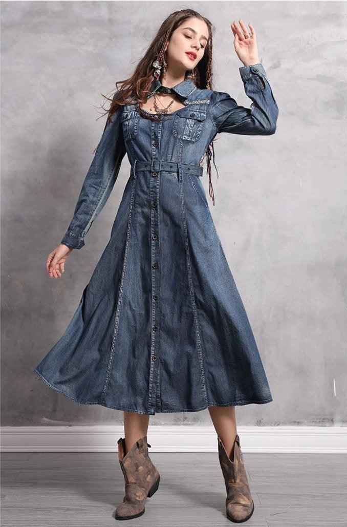 Vintage Embroidery Belted High Waist Denim Boho Dress