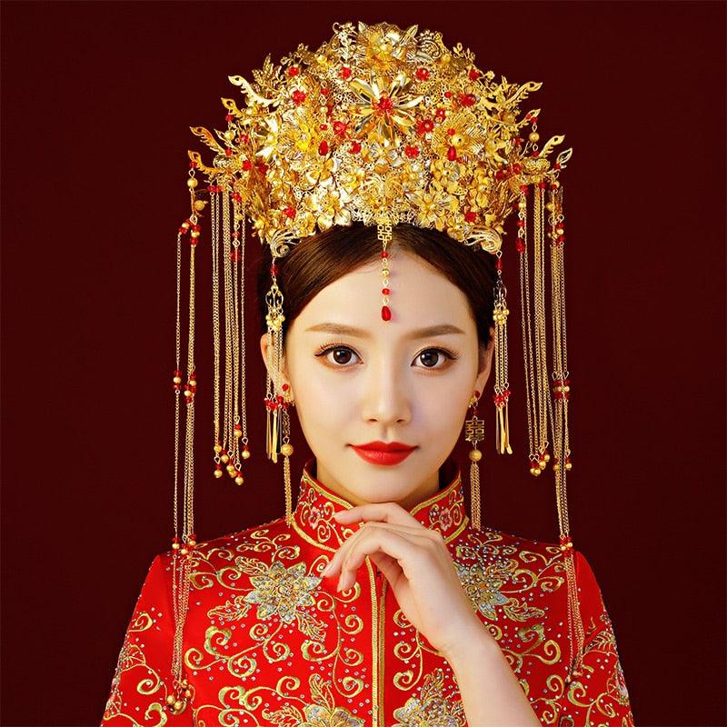 Vintage Chinese  Gold Bridal Headdress Wedding Gilding Coronet Hair Jewelry Tiara