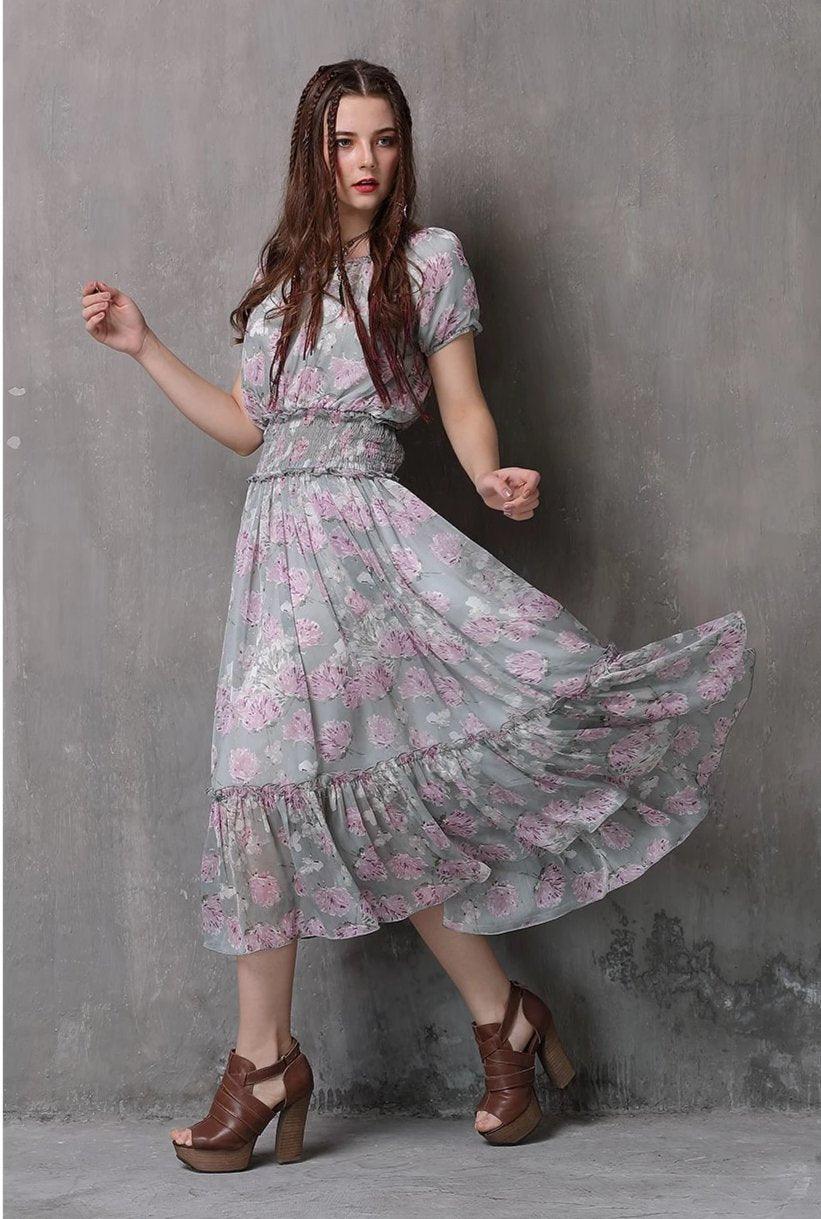 Sleeve Swing Hem Floral Print Dress